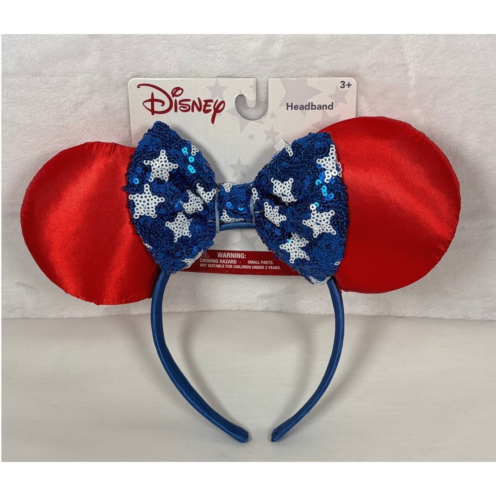 Disney Minnie Mouse Headband Patriotic Stars Sequin Bow Red Blue NEW